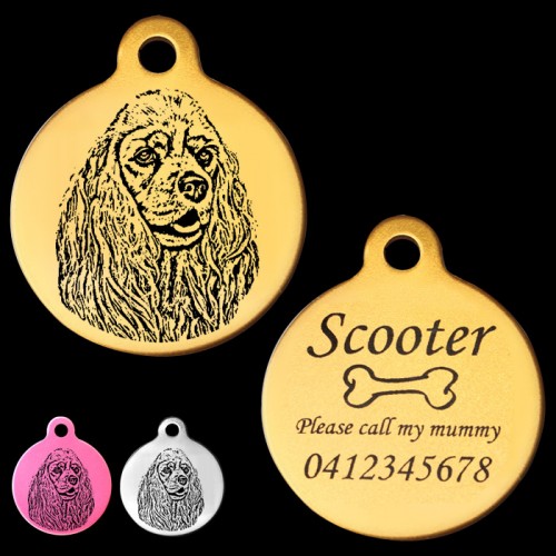American Cocker Spaniel Front View Engraved 31mm Large Round Pet Dog ID Tag